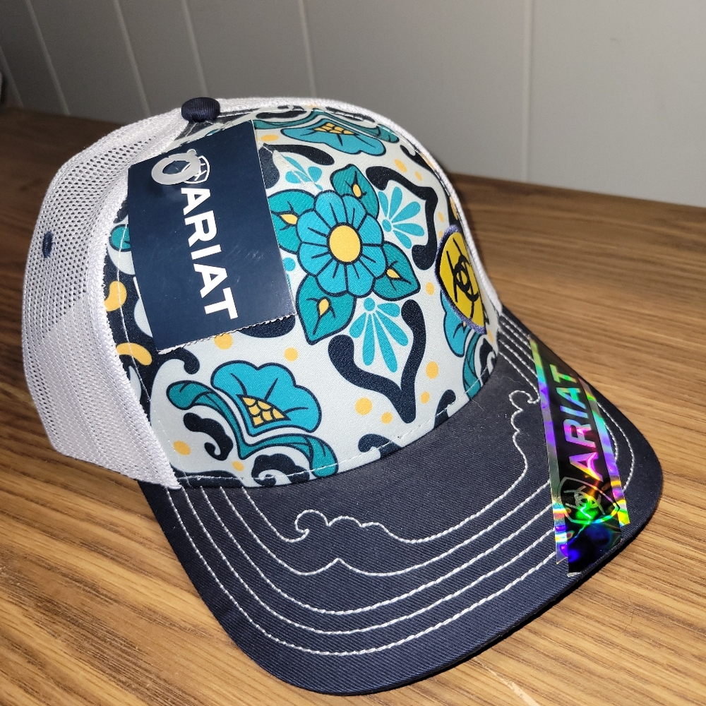 NWT Ariat Womens Hat Baseball Cap Floral Mesh Back Adjustable Logo Navy Blue